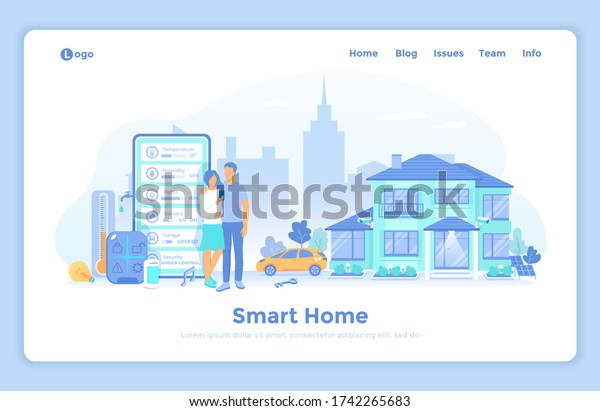 Smart Home with Central Control System. House automation\
concept, mobile app. The couple monitors indicators of security,\
thermostat, lighting in the house through the phone. landing web\
page design 