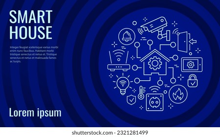 Smart home circle template flat line icons. Set of network, automated building, wireless, surveillance and more.
