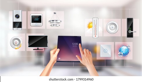 Smart home iluminación climática puerta cerradura timbre control de pantalla táctil a nivel mundial acceso composición realista ilustración vectorial