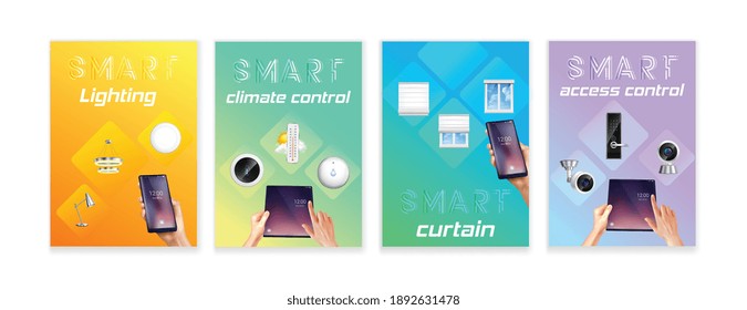 Smart home climate lighting security camera door lock doorbell remote control 4 realistic banners set vector illustration