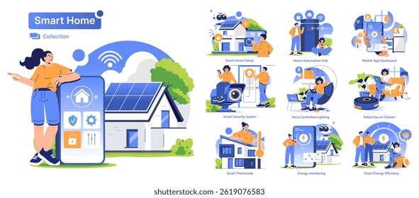 Smart Home Collection illustrates modern home automation concepts, showcasing innovative technologies for security, energy efficiency, and convenience. A seamless integration of smart devices enhances