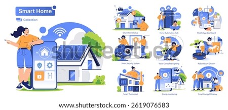 Smart Home Collection illustrates modern home automation concepts, showcasing innovative technologies for security, energy efficiency, and convenience. A seamless integration of smart devices enhances