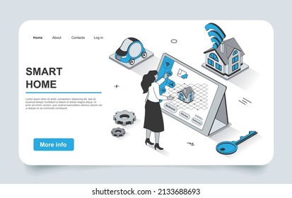 Smart home concept in 3d isometric landing page outline design. Woman controls sensors in house using computer, systems monitoring, security and automation, line web template. Vector illustration.