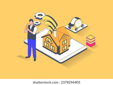 Concepto de hogar inteligente en diseño isométrico 3d. El hombre monitorea los resultados de automatización del sistema de la casa, administrando desde la aplicación móvil con wifi. Ilustración vectorial con escena de personas isométricas para gráfico web