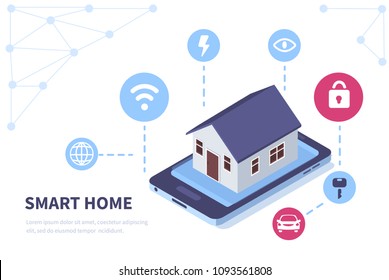 Smart home concept banner with text place.  Flat isometric vector illustration isolated on white background.