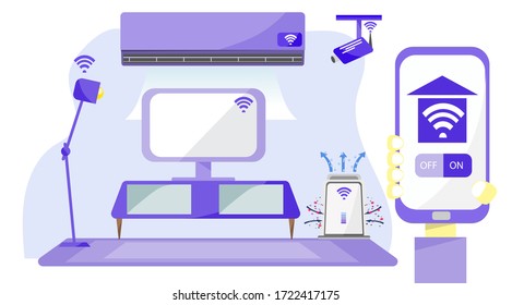 Concepto de hogar inteligente al conectar dispositivos electrónicos con smartphone mediante la aplicación