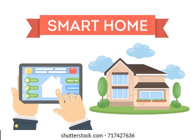 Smart home concept. Controlling house and appliances using tablet.