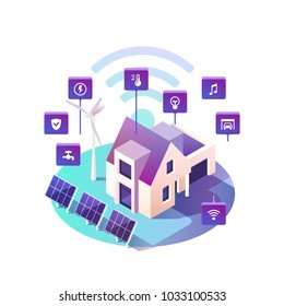 Smart home. Concept of eco friendly house technology system with centralized control. Isometric vector illustration.