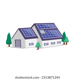 Smart home concept, Family house with solar panels, renewable green  energy. Buildings illustrations in dimetric isometric view in 3d cartoon style. Isolated vector illustration on white.