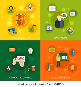 Smart home concept flat icons set of house security protection mobile energy automation control system and climate temperature monitoring for infographics design web elements vector illustration