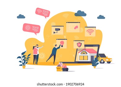 Smart home concept in flat style. People build smart home scene. Online home control, monitoring and management, house system automatization. Vector illustration with people characters in situation.