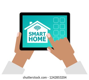 Smart Home concept as hands holding tablet PC with app