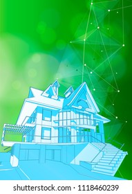smart home concept - house & blue green bokeh - environment ecology concept - abstract image of grass & sky connected by a white digital wave - as an image of innovation, modern technology & science
