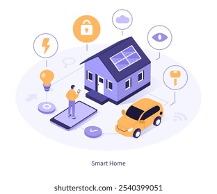 Smart home concept. House, car, light connected with smartphone in cloud. Internet of things, home automation, IOT technology infographic template. Flat isometric vector illustration 