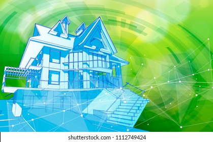 smart home concept - house & green bokeh - environment ecology concept - abstract image of grass & sky connected by a white digital wave - as an image of innovation, modern technology & science