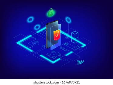 Hogar inteligente. Concepto de sistema de tecnología doméstica con control centralizado inalámbrico. Isométrica ilustración vectorial.