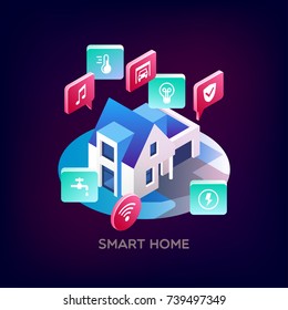 Smart home. Concept of smart house technology system with centralized control. Isometric vector illustration.