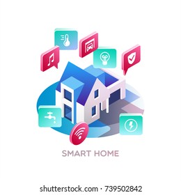 Smart home. Concept of smart house technology system with centralized control. Isometric vector illustration.