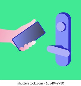 Smart home concept. Human hand with a smartphone near the door lock. Flat design style vector illustration of smart house technology system with control from smartphone.
