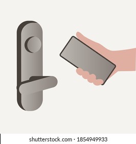 Smart home concept. Human hand with a smartphone near the door lock. Flat design style vector illustration of smart house technology system with control from smartphone.