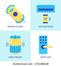 Smart home concept icon set in flat style. Window cleaning robot, smart speaker, automated lock and remote controlled air conditioner. Vector illustration.
