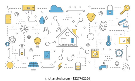 Smart home concept. Idea of modern technology and automation. Internet of things with wireless communication inside the house. Set of colorful line icons. Isolated flat vector illustration