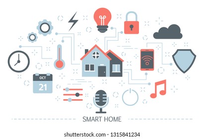Smart home concept. Idea of wireless technology and automation. Electronic security and light. Digital innovation. Set of colorful icons. Isolated flat vector illustration