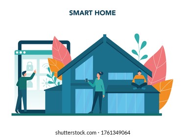 Smart home concept. Idea of wireless technology and automation. Electronic security and light. Digital innovation. Vector illustration in cartoon style