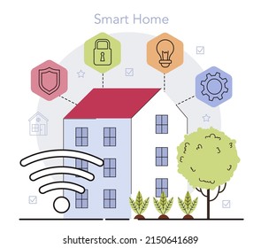 Smart home concept. Idea of wireless technology and automation. Electronic security and light. Digital innovation, smart home system development. Flat vector illustration
