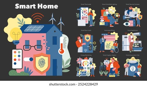 Concepto de hogar inteligente. Integrar la tecnología y la comodidad para una vida eficiente. Control remoto, ahorro de energía y seguridad mejorada. Ilustración vectorial.