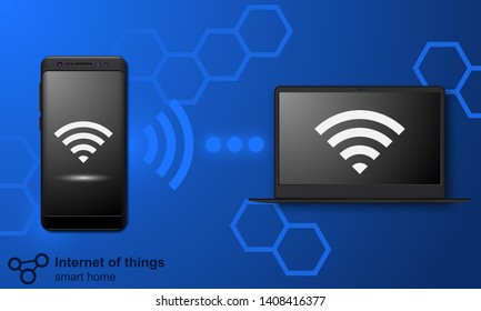 Smart home concept. Internet of things vector illustration. Smartphone and laptop interconnected.