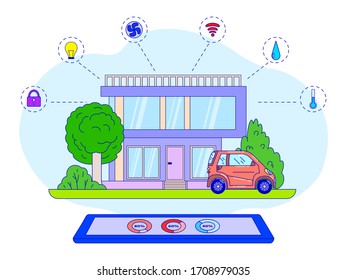 Smart home concept, modern house and electric car, vector illustration in flat style. Futuristic technology, control system icons. Engineering innovation, comfortable life in eco friendly apartment