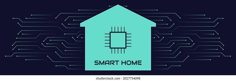 Concepto de hogar inteligente, tecnologías modernas, futuro. Ilustración vectorial de una casa abstracta de diseño estilístico en forma de microcircuitos, líneas. Plantilla de diseño de banner web, decoración de sitio.