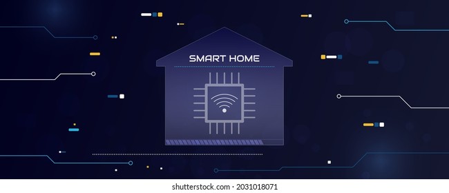 Concepto de hogar inteligente, tecnologías modernas, futuro. Ilustración vectorial de una casa abstracta de diseño estilístico en forma de microcircuitos, líneas. Plantilla de diseño de banner web, decoración de sitio.