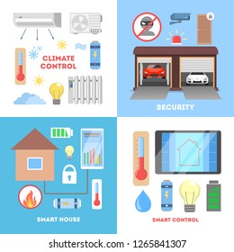Smart home concept set. Collection of infographic about modern technology and internet of things. Wireless connection between electronic. Innovation concept. Isolated flat vector illustration