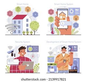 Conjunto de conceptos de hogar inteligente. Idea de tecnología inalámbrica y automatización. Seguridad electrónica y luz. Innovación digital, desarrollo de sistemas domésticos inteligentes. Ilustración vectorial plana