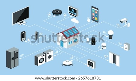 Smart home concept with solar cell, devices, security systems, appliances, and energy controls all managed through a central network with cloud connectivity, vector flat illustration