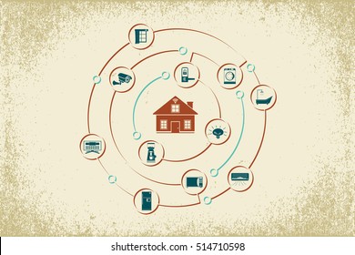 Smart home concept using Internet of Things Technology. A house surrounded by smart households and link together with electronic circuit in circular shape.