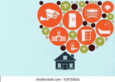 Smart home concept using Internet of Things Technology. A house with flow of households in circular shape.