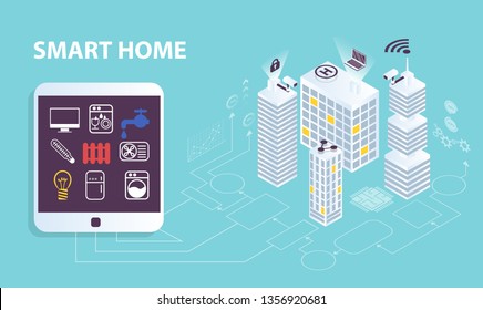 Smart home concept. Vector of cityscape and intelligent buildings controlled via computer app. Future technology management system platform.