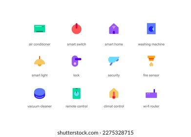Smart home concept web icons set in color flat design  Pack air conditioner  washing machine  light  lock  security  fire sensor  vacuum cleaner   other  Vector pictograms for mobile app