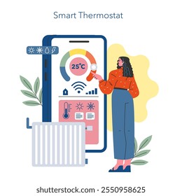 Conceito Smart Home. Mulher interage com um aplicativo de smartphone para ajustar termostato inteligente, melhorando o controle climático doméstico. Ilustração vetorial.