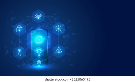 Conceitos de início inteligente. Tecnologia de automação com o sistema de monitoramento da casa de ícones. Vetor de plano de fundo com luzes azuis