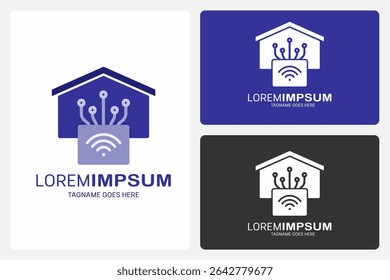 Smart Home Connect Logo Template. A simple house icon with a Wi-Fi symbol and lines showing how devices link in a smart home.