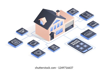 Smart home conectado y control con dispositivos tecnológicos a través de la red de Internet, Internet de las cosas de fondo.