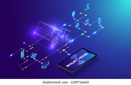 Smart home conectado y control con dispositivos tecnológicos a través de la red de Internet, Internet de las cosas de fondo.