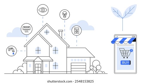 Smart home with connected devices like security cameras, lighting, thermostat, and washing machine controlled via a mobile app. Ideal for smart technology, home automation, IoT, security, and energy