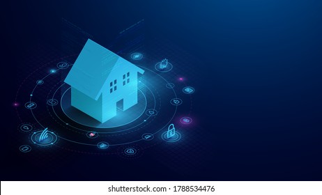 Smart Home Connection with Control Devices Icons. IOT Concept. System Intelligent Control House on Blue Background. Vector Illustration