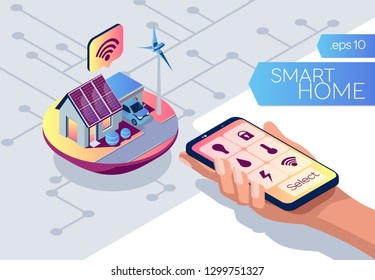 Smart home connection and control. IOT concept. Internet of things isometric style. Eco friendly house. Smart phone in human hand on a white background