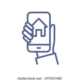 Smart home control app on phone screen in hand. Simple line art icon of house monitoring system through mobile application in lineart style. Flat vector illustration isolated on white background